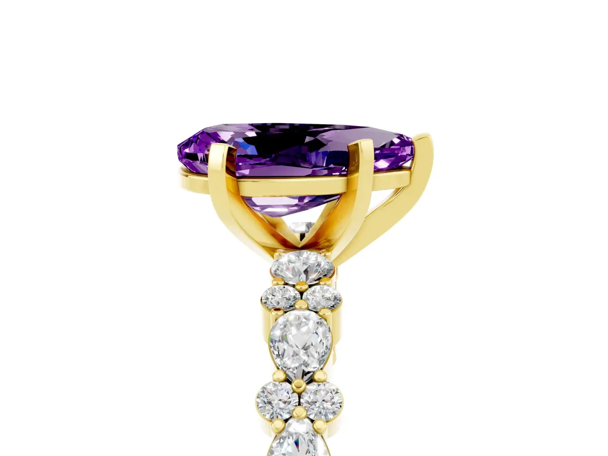 Pear Cut Amethyst Side Stone Solitaire Ring with Round and Four-Prong Setting Yellow gold