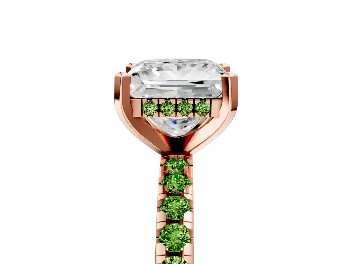 Princess Cut Diamond Solitaire Ring with Round Peridot Pavé Band and Four-Prong Setting Rose gold