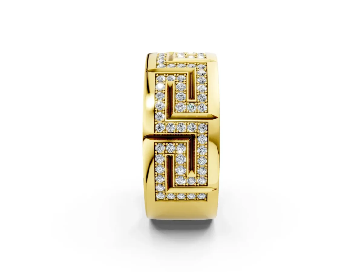 Round Diamond Pavé Greek Key Mens Band Yellow gold