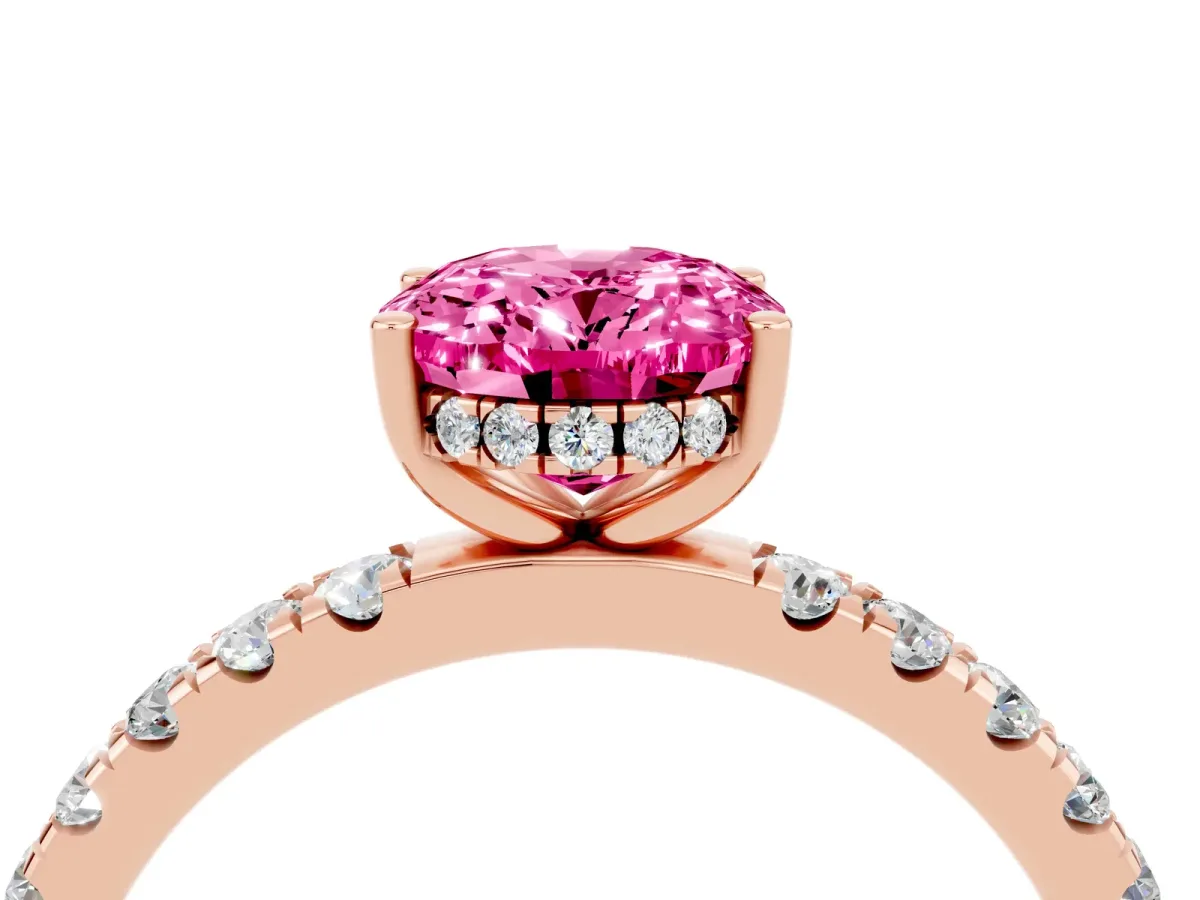 Oval Cut Pink Sapphire Pave Band Solitaire Ring with Round and Prong Setting Rose gold