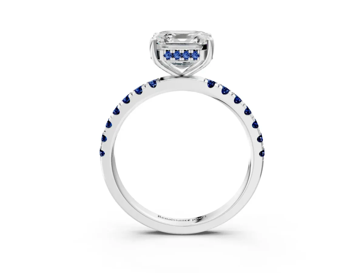 Asscher Cut Diamond Pave Band Solitaire Ring with Round Blue Sapphire and Prong Setting Platinum