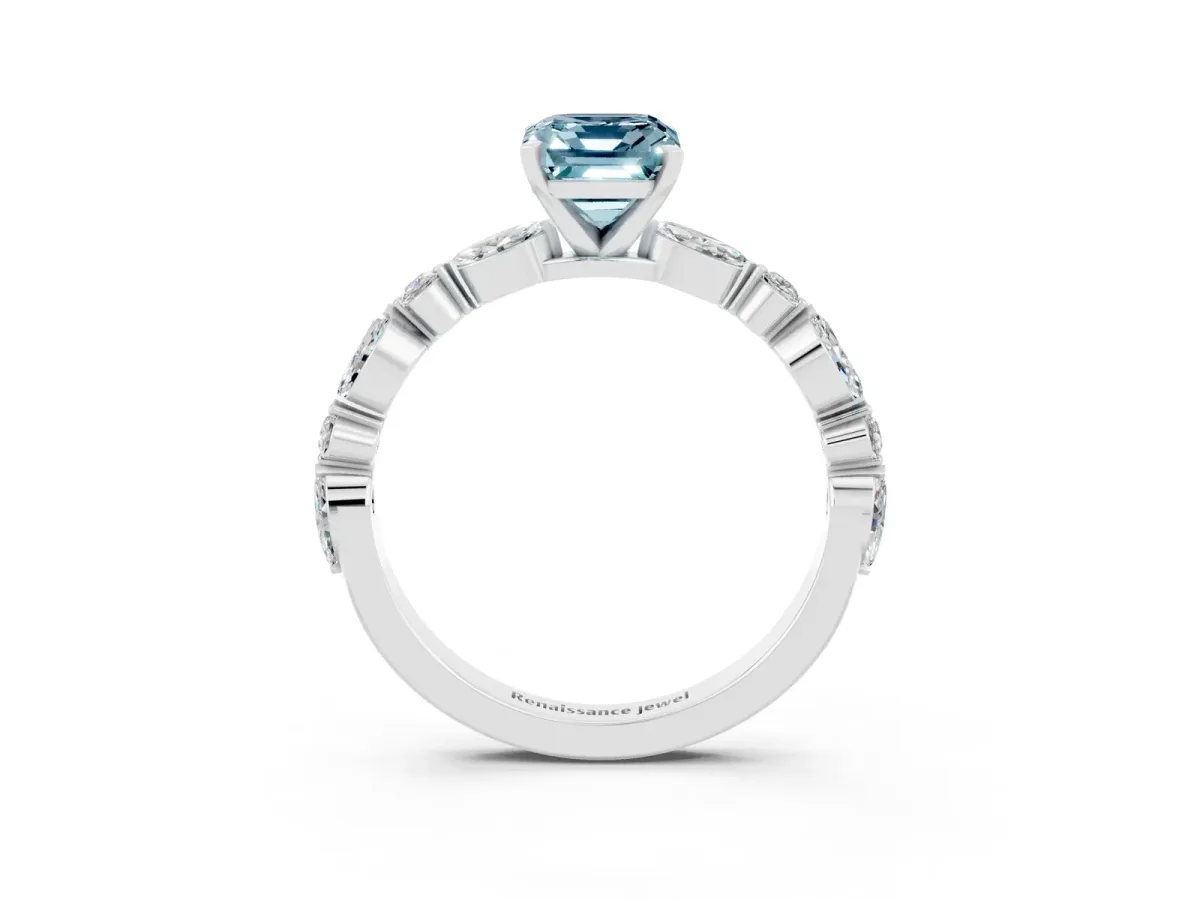 Emerald Cut Aquamarine Ring with Marquise and Round Side Stones and Four-Prong Setting Platinum