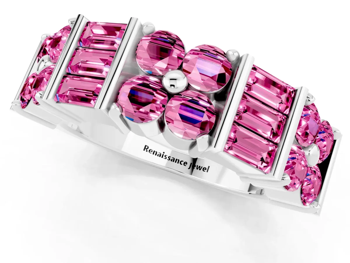 Channel Set Round and Baguette Pink Sapphire Anniversary Band with Prong Setting Silver
