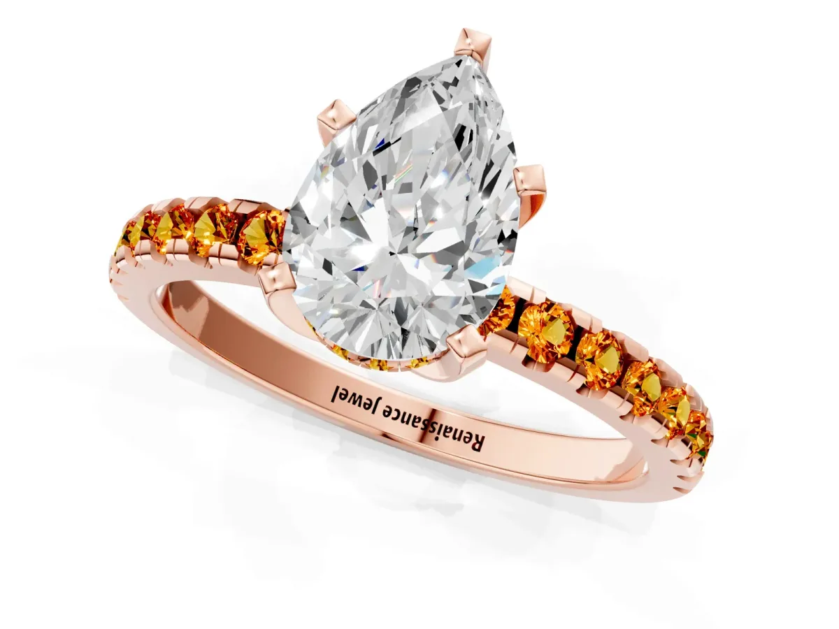 Pear Cut Diamond Solitaire Ring with Round Citrine Pavé Band and Four-Prong Setting Rose gold