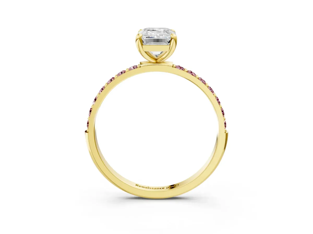 Emerald Cut Diamond Solitaire Ring with Round Morganite Pavé Band and Prong Setting Yellow gold