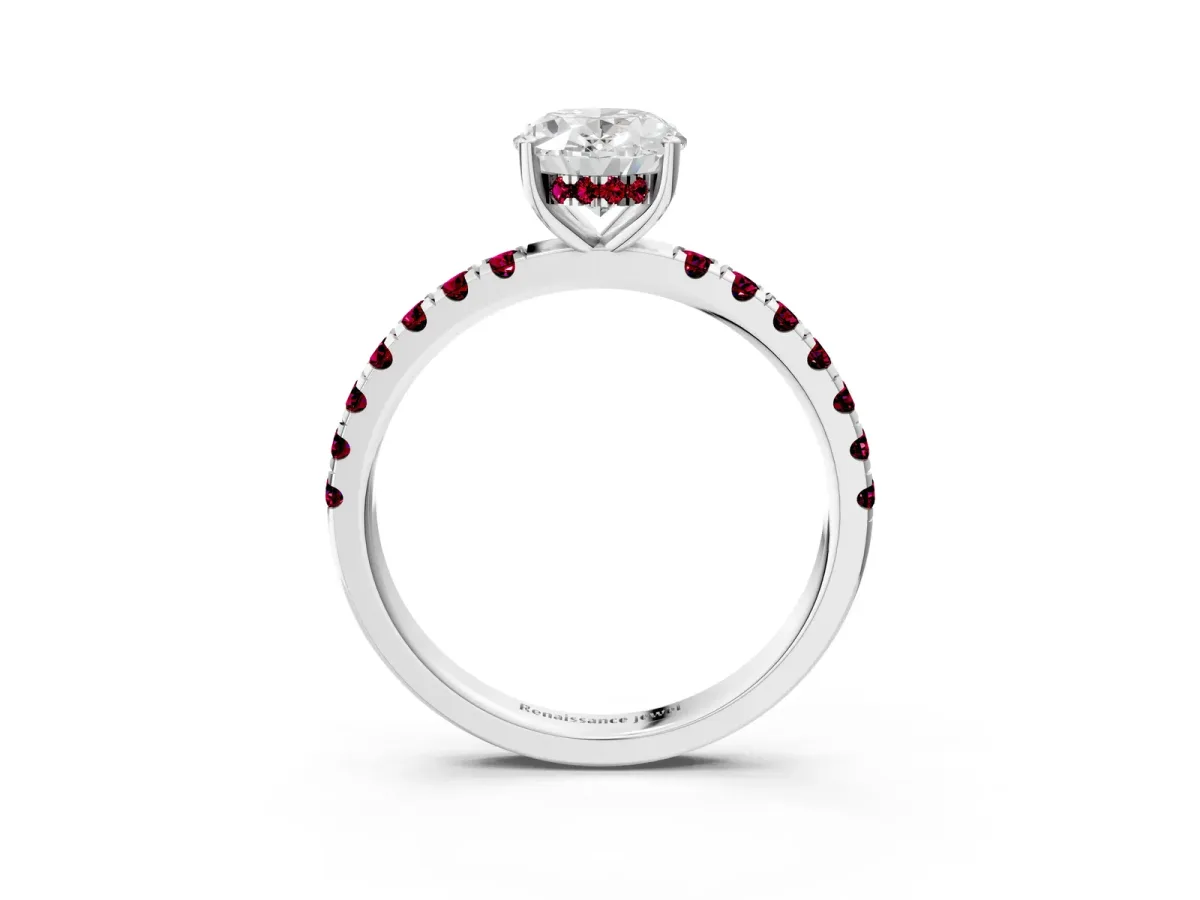 Oval Cut Diamond Pave Band Solitaire Ring with Round Garnet and Prong Setting Platinum