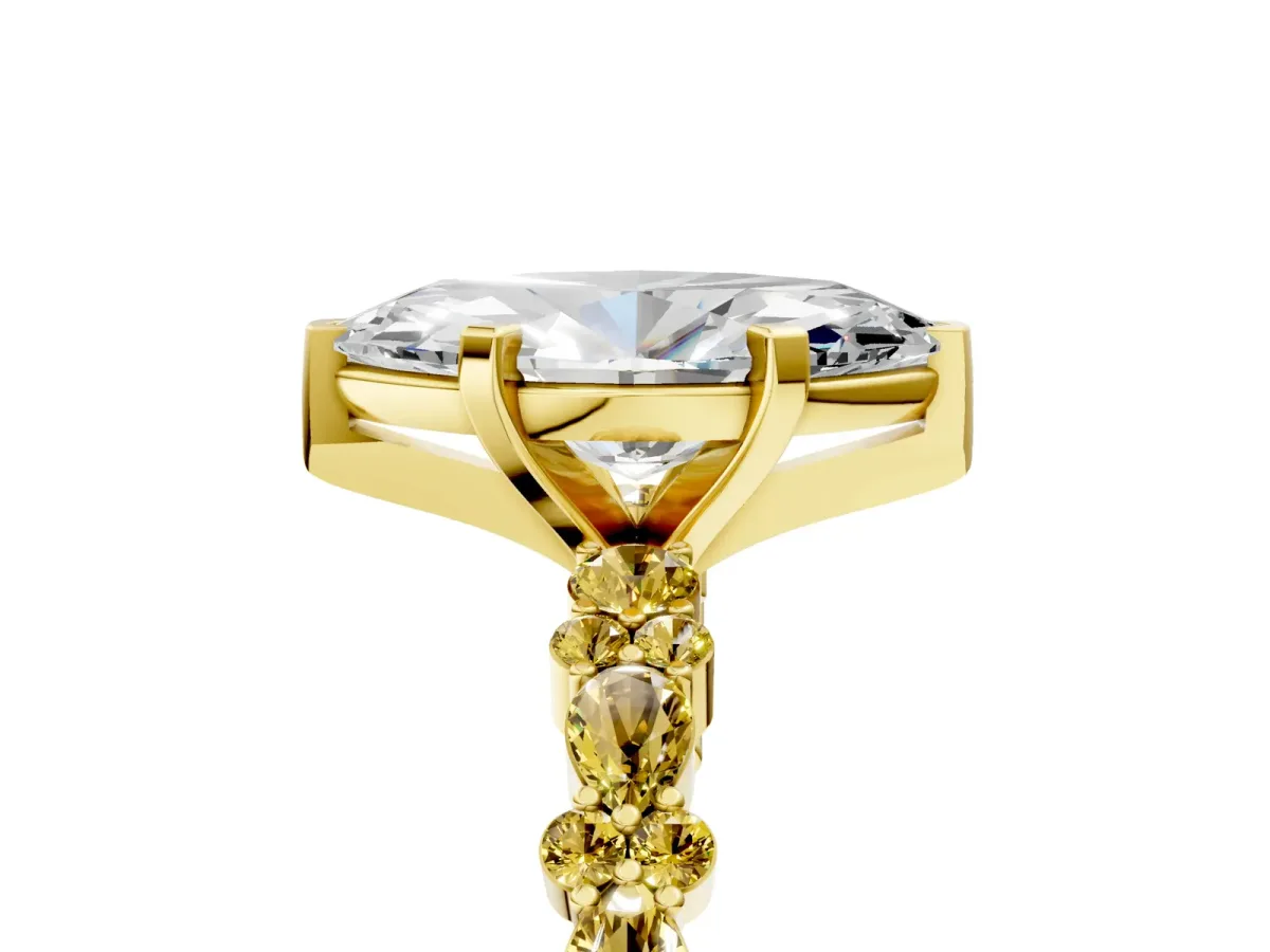 Marquise Cut Diamond Side Stone Solitaire Ring with Round Yellow Sapphire and Four-Prong Setting Yellow gold