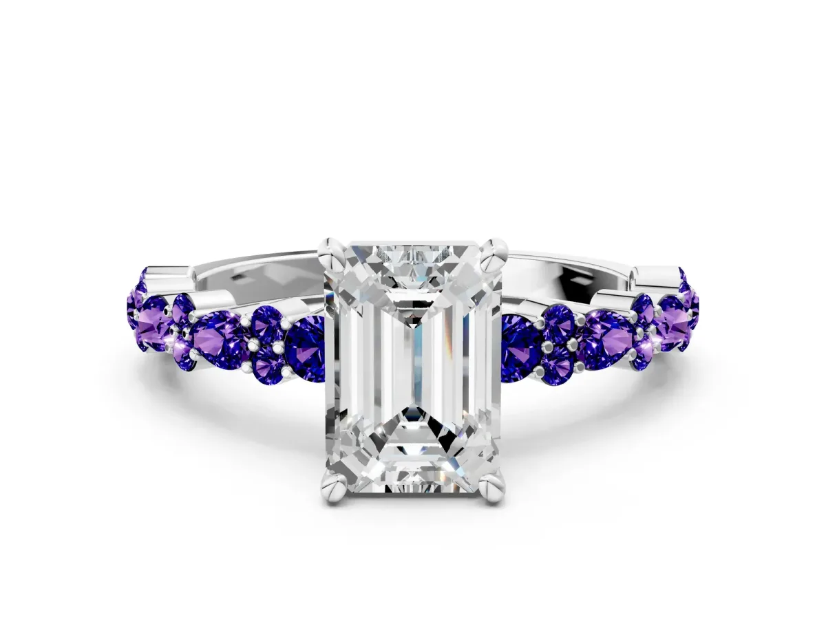 Emerald Cut Diamond Side Stone Solitaire Ring with Round Tanzanite and Four-Prong Setting White gold