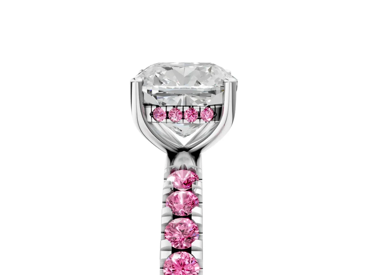 Cushion Cut Diamond Pave Band Solitaire Ring with Round Pink Sapphire and Prong Setting Platinum
