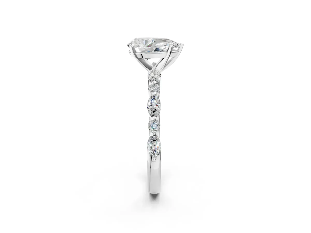 Pear Cut Diamond Ring with Marquise and Round Side Stones and Four-Prong Setting White gold