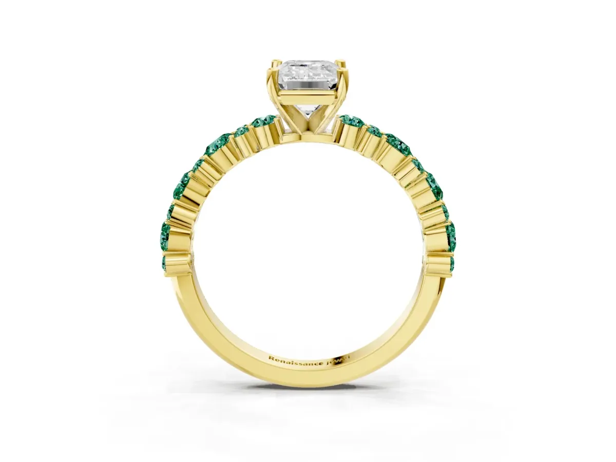 Emerald Cut Diamond Side Stone Solitaire Ring with Round Green Sapphire and Four-Prong Setting Yellow gold