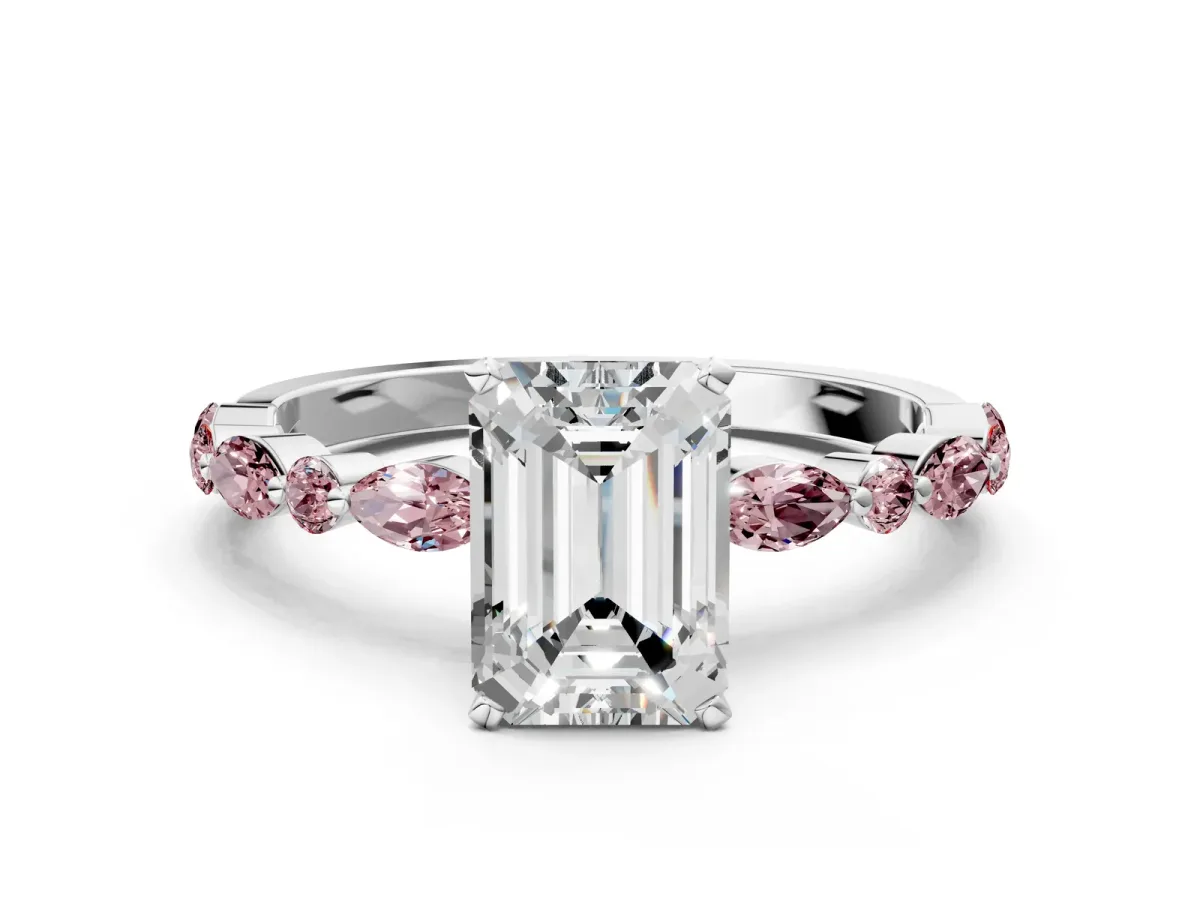 Emerald Cut Diamond Ring with Marquise and Round Morganite Side Stones and Four-Prong Setting Silver