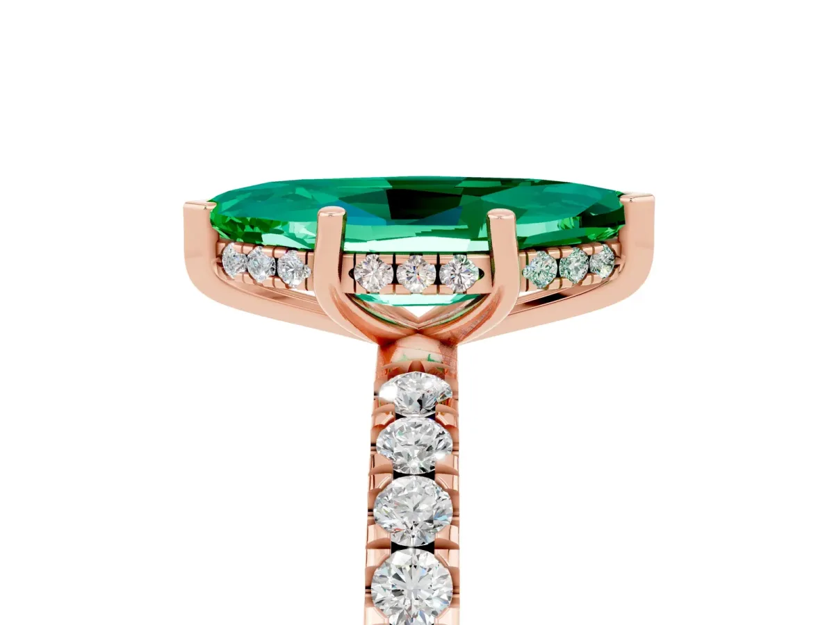 Marquise Cut Emerald Pave Band Solitaire Ring with Round and Prong Setting Rose gold