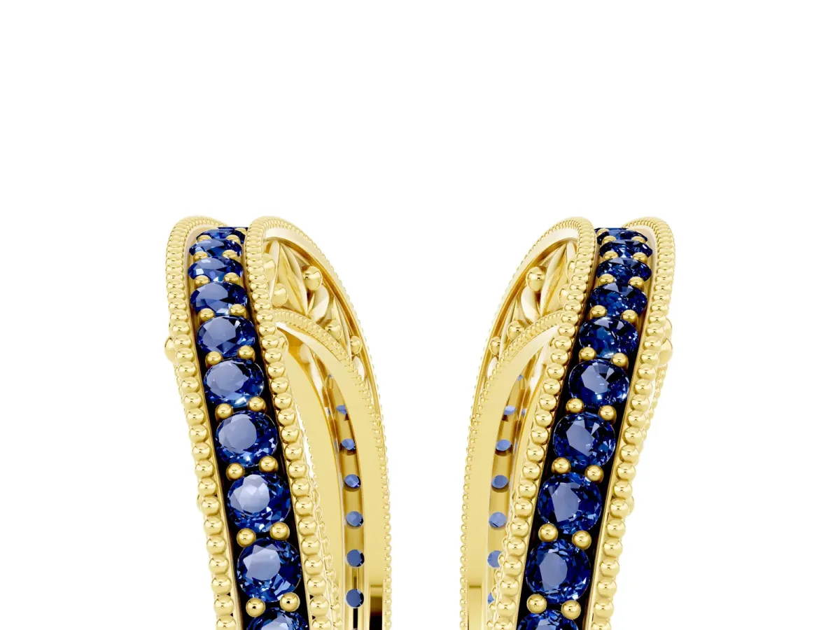 Round Blue Sapphire Milgrain Eternity Band with Channel Setting Yellow gold