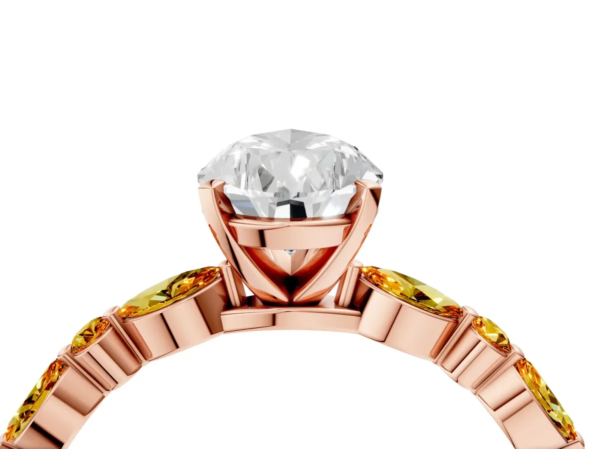 Pear Cut Diamond Ring with Marquise and Round Citrine Side Stones and Four-Prong Setting Rose gold