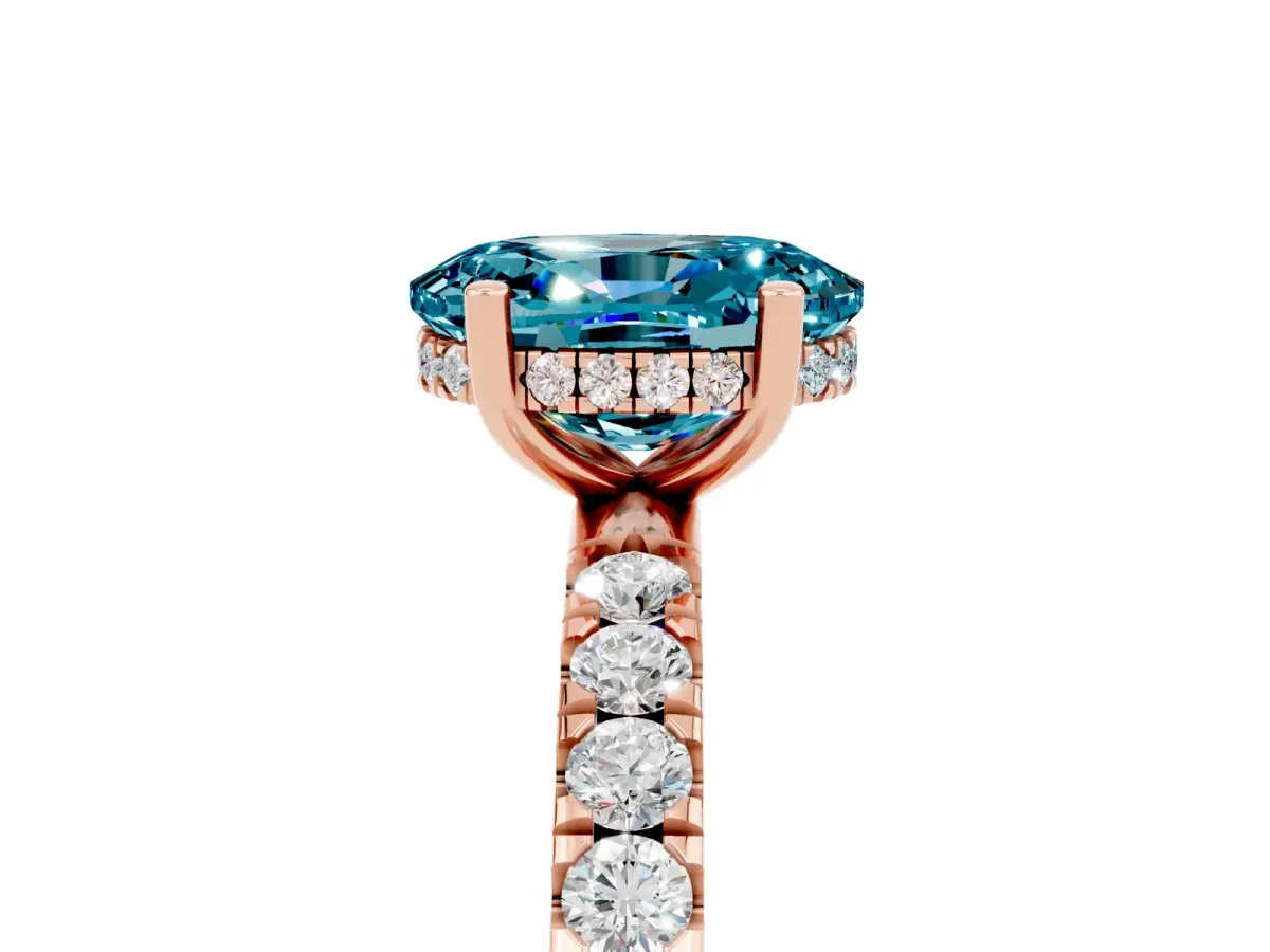Oval Cut Blue Topaz Pave Band Solitaire Ring with Round and Prong Setting Rose gold
