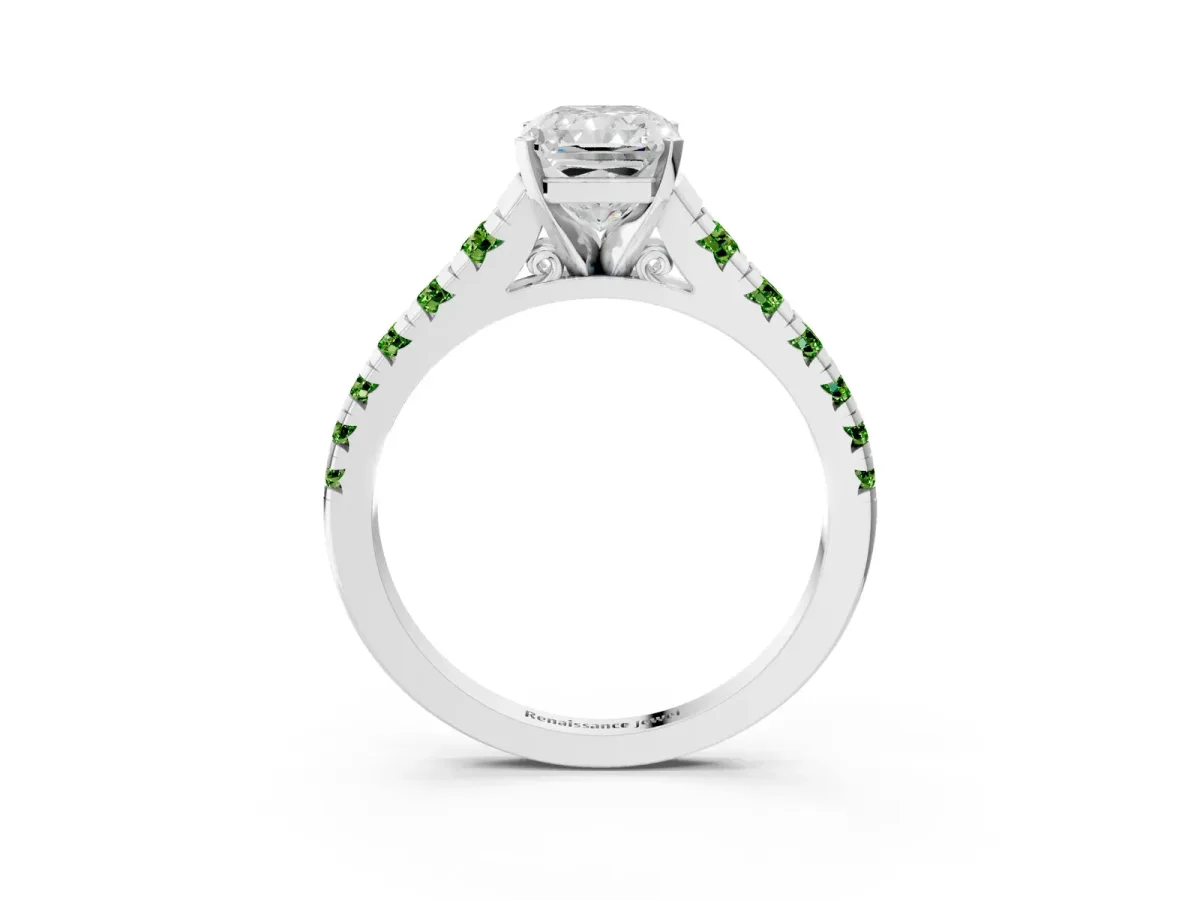 Radiant Cut Diamond Cathedral Solitaire Ring with Round Peridot Pavé Band Platinum