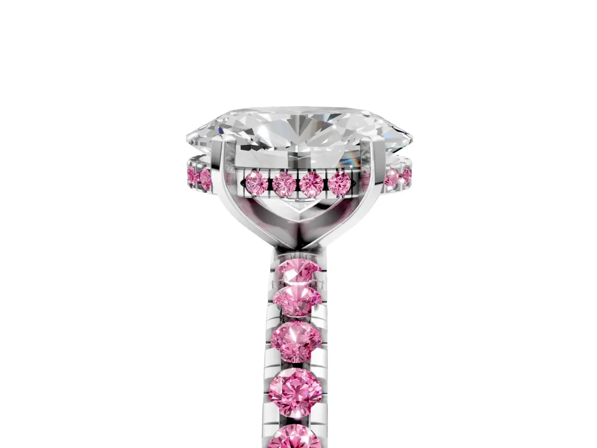 Oval Cut Diamond Solitaire Ring with Round Pink Sapphire Pavé Band and Four-Prong Setting Silver