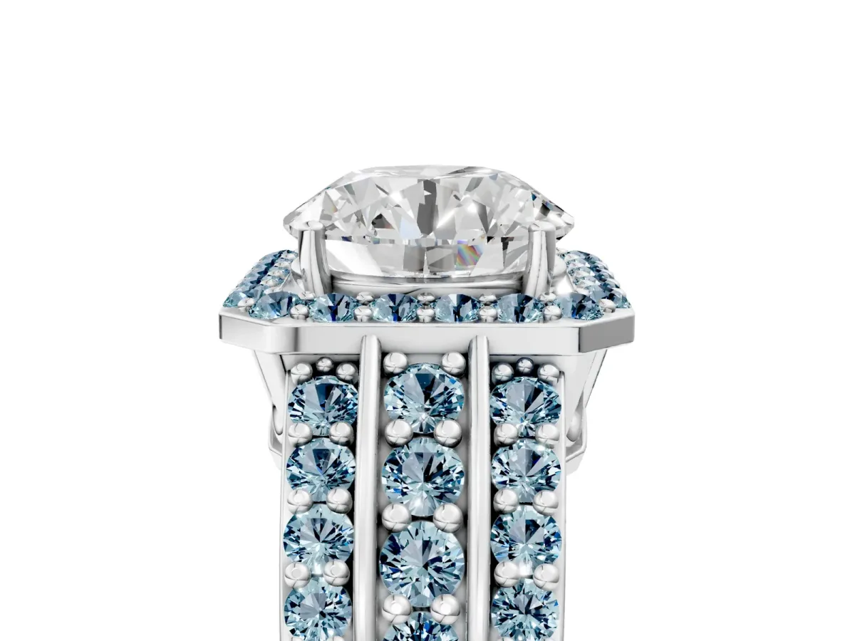 Round Cut Halo Diamond Ring with Round Aquamarine Split Shank and Prong Setting White gold