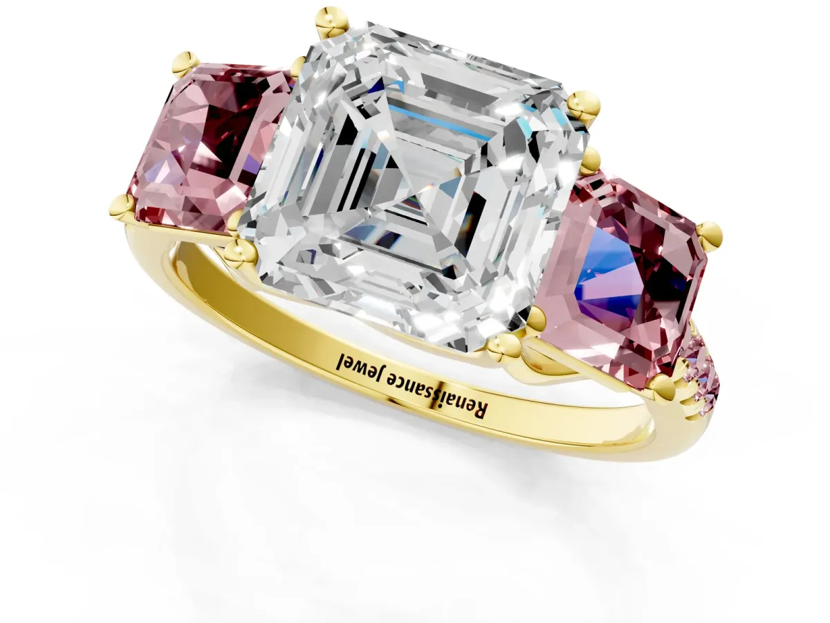 Three-Stone Asscher Cut Diamond Ring with Round Morganite Pavé Band and Prong Setting Yellow gold