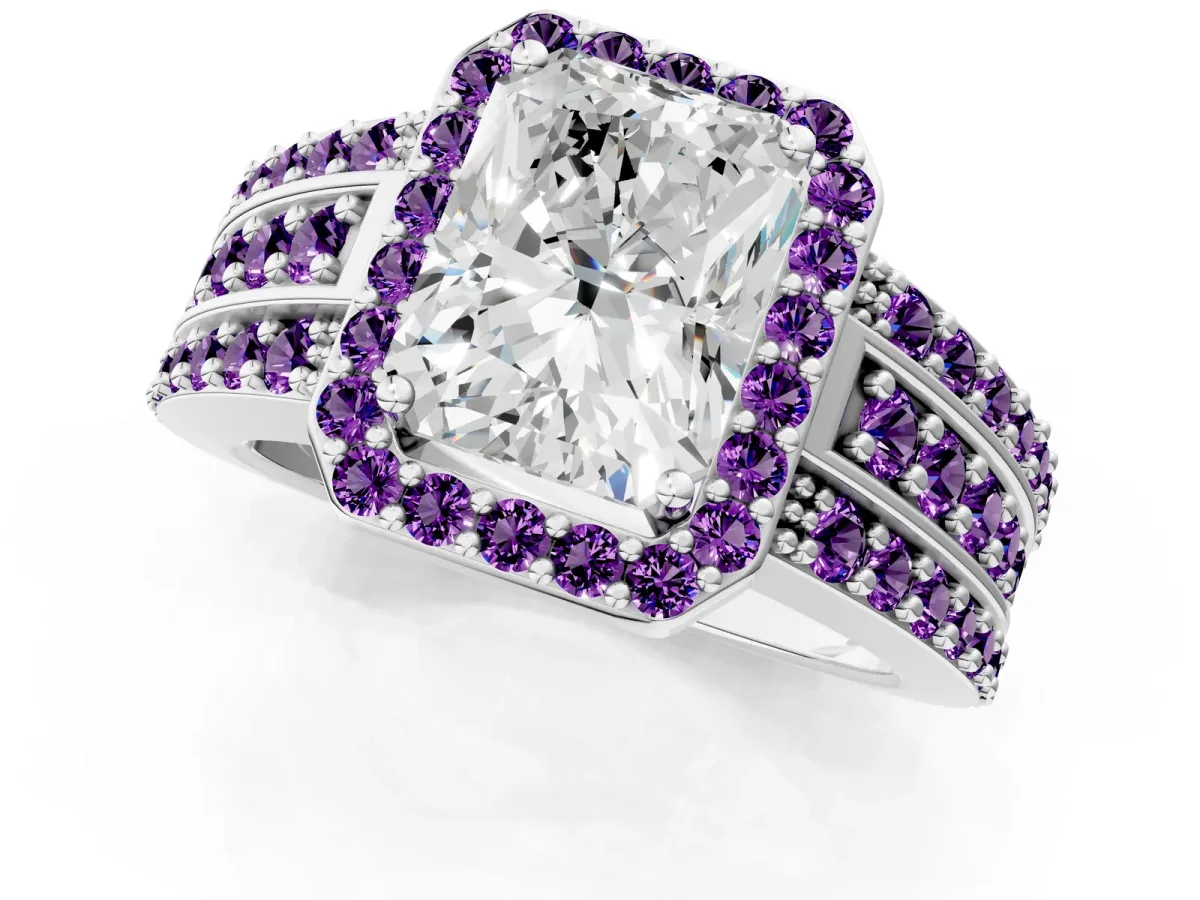 Radiant Cut Halo Diamond Ring with Round Amethyst Split Shank and Prong Setting Platinum