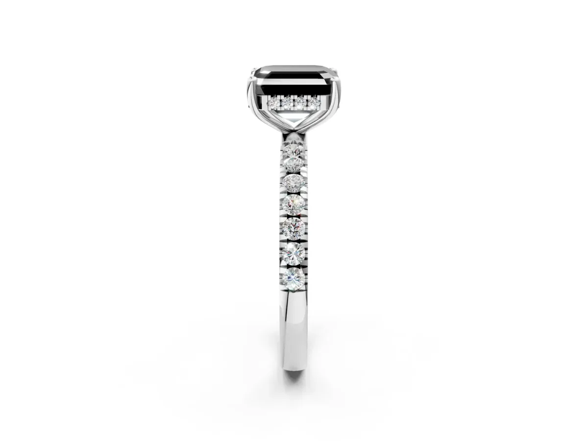 Fancy Black Asscher Cut Diamond Pave Band Solitaire Ring with Round and Prong Setting White gold