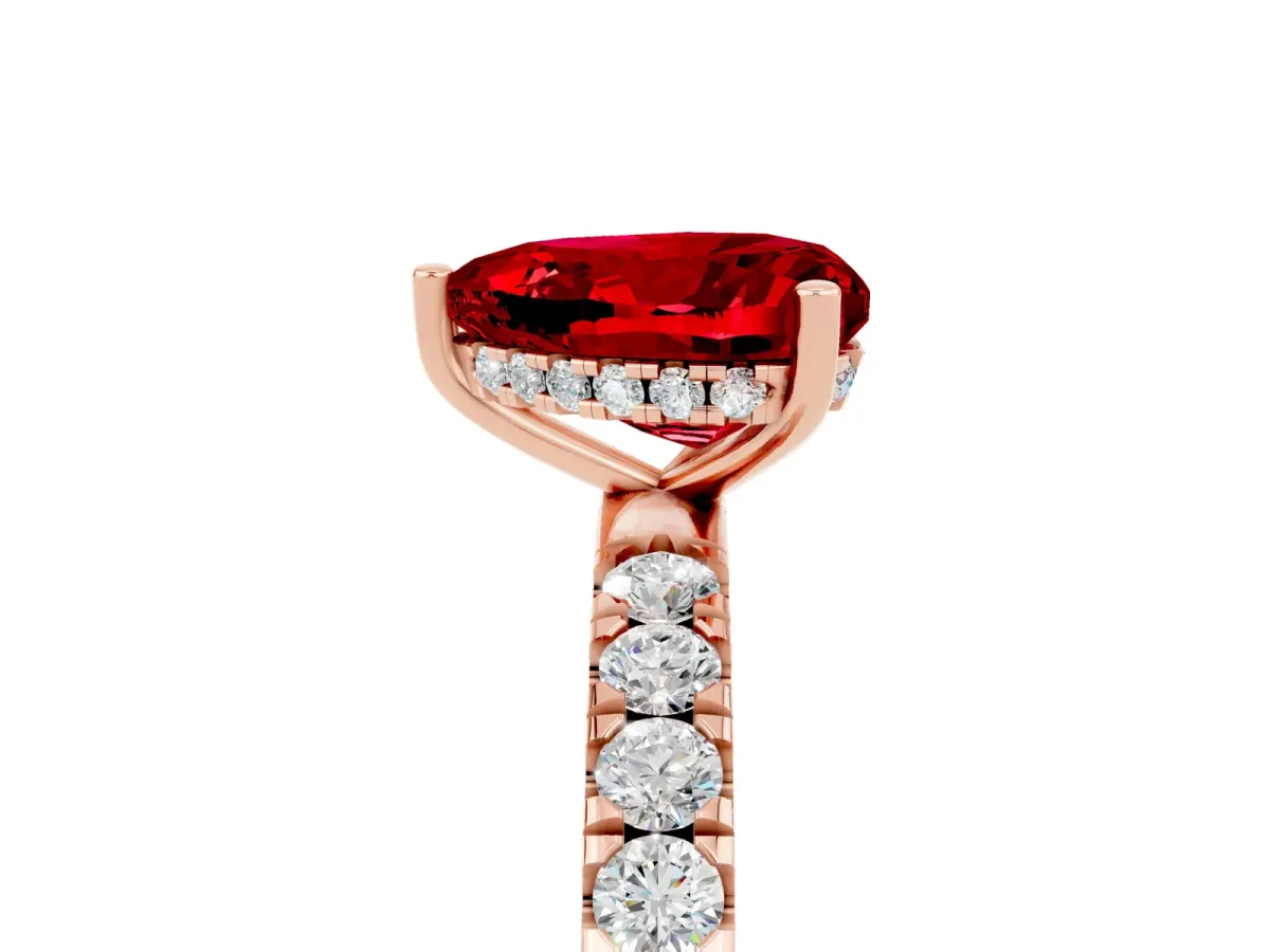 Heart Cut Ruby Pave Band Solitaire Ring with Round and Prong Setting Rose gold