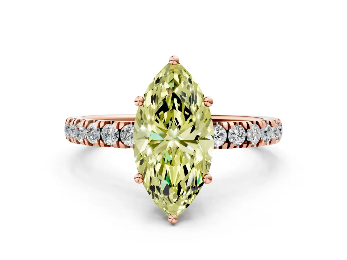 Fancy Yellow Marquise Cut Diamond Pave Band Solitaire Ring with Round and Prong Setting Rose gold