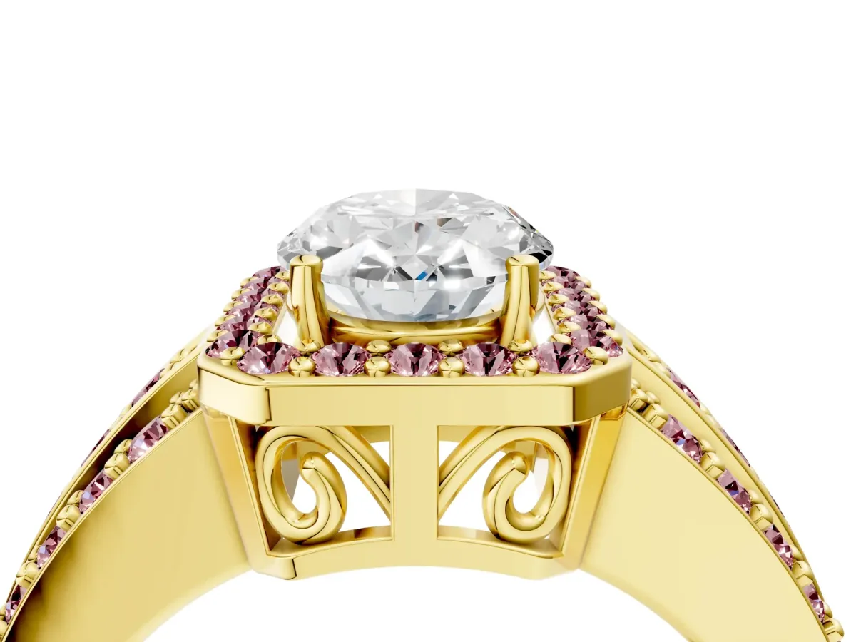Oval Cut Halo Diamond Ring with Round Morganite Split Shank and Prong Setting Yellow gold