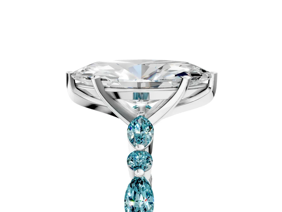 Marquise Cut Diamond Ring with Marquise and Round Blue Topaz Side Stones and Four-Prong Setting Platinum
