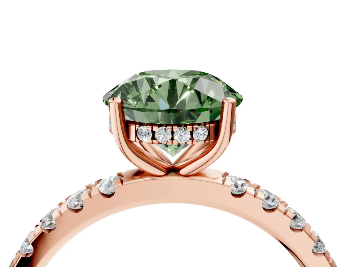 Fancy Green Round Cut Diamond Pave Band Solitaire Ring with Round and Prong Setting Rose gold