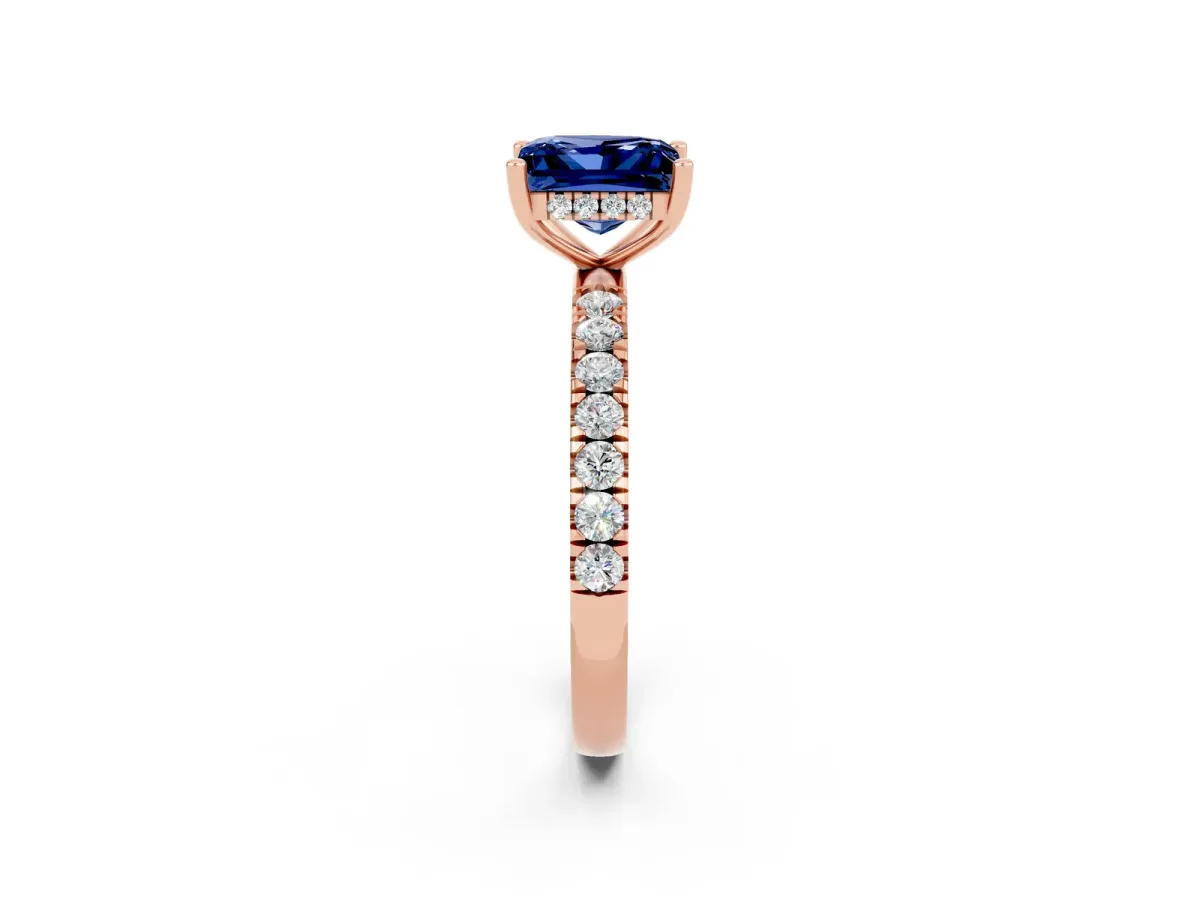 Princess Cut Blue Sapphire Pave Band Solitaire Ring with Round and Prong Setting Rose gold