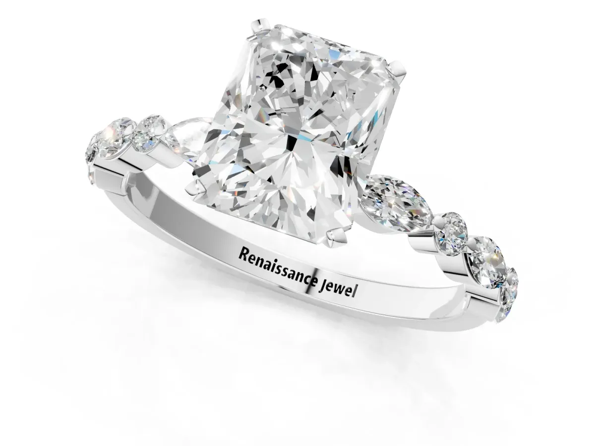 Radiant Cut Diamond Ring with Marquise and Round Side Stones and Four-Prong Setting Platinum