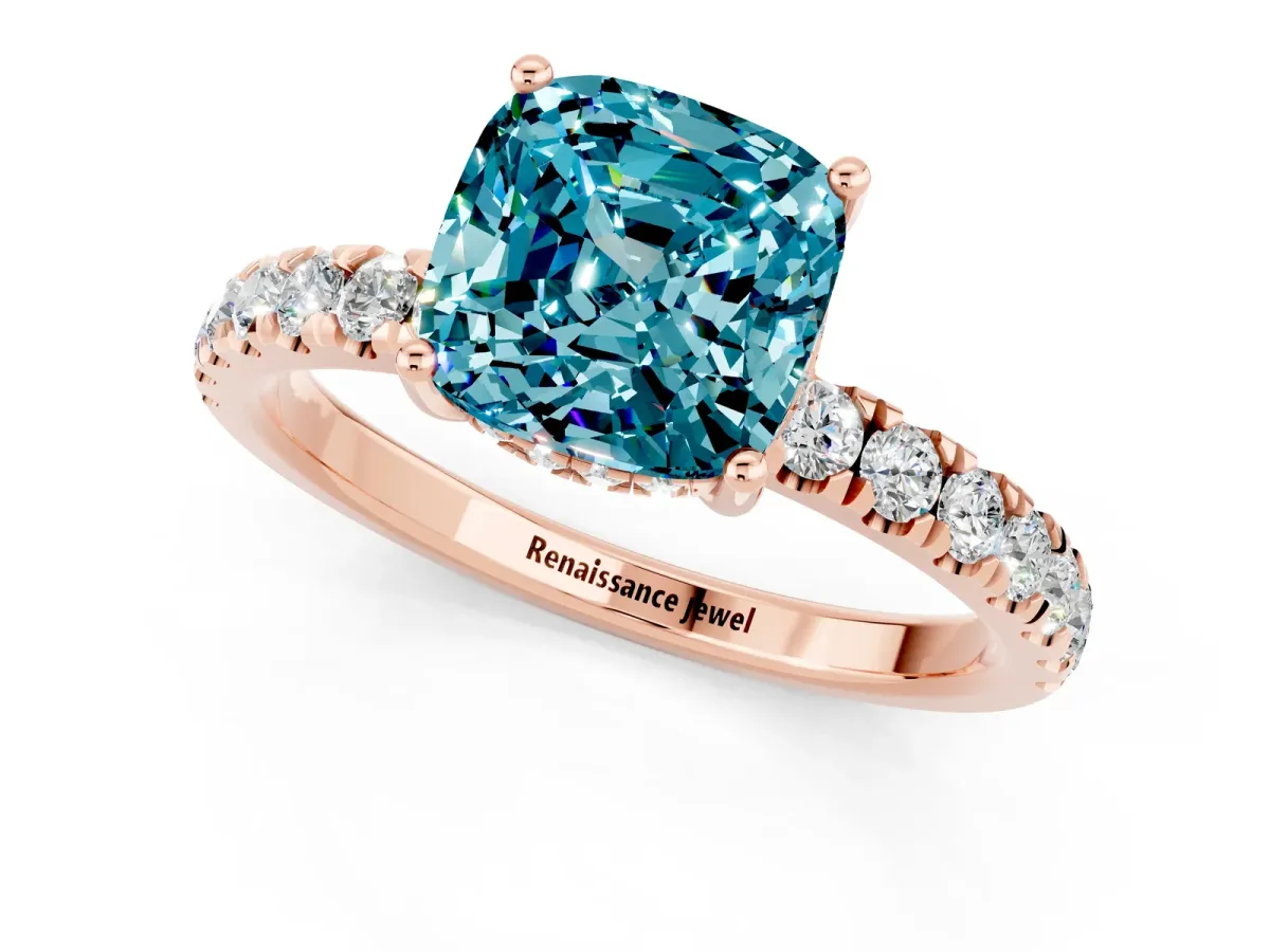 Cushion Cut Blue Topaz Pave Band Solitaire Ring with Round and Prong Setting Rose gold
