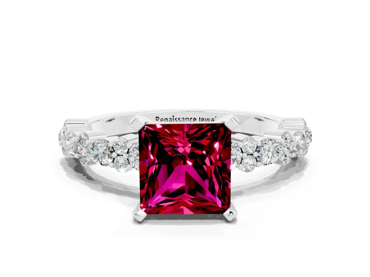 Princess Cut Garnet Side Stone Solitaire Ring with Round and Four-Prong Setting Platinum
