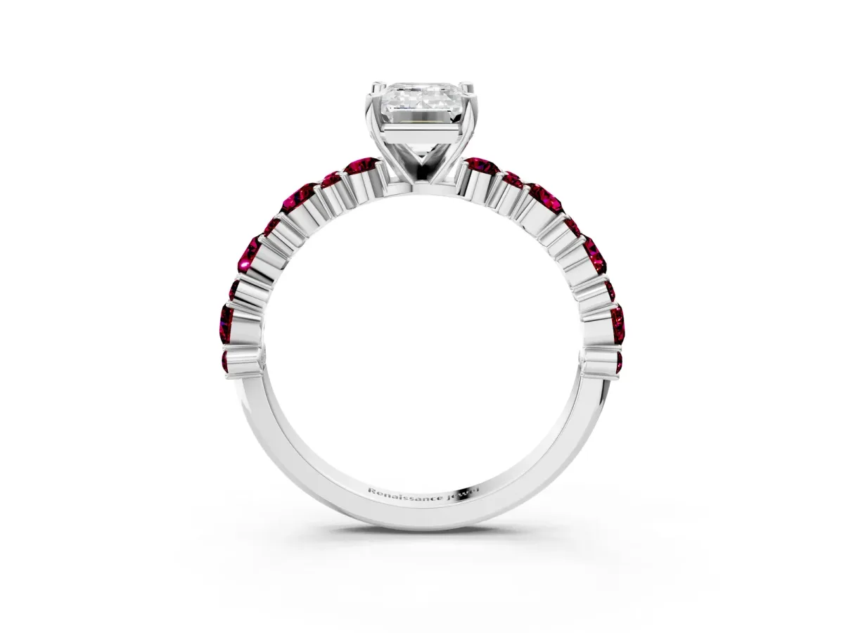 Emerald Cut Diamond Side Stone Solitaire Ring with Round Garnet and Four-Prong Setting Silver