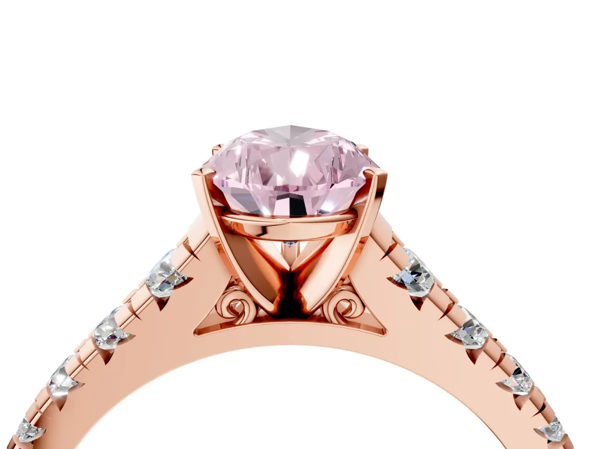 Fancy Pink Pear Cut Diamond Cathedral Solitaire Ring with Round Pavé Band Rose gold