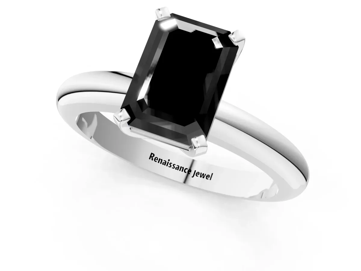 Fancy Black Emerald Cut Diamond Solitaire Engagement Ring with Round Band and Four-Prong Setting White gold