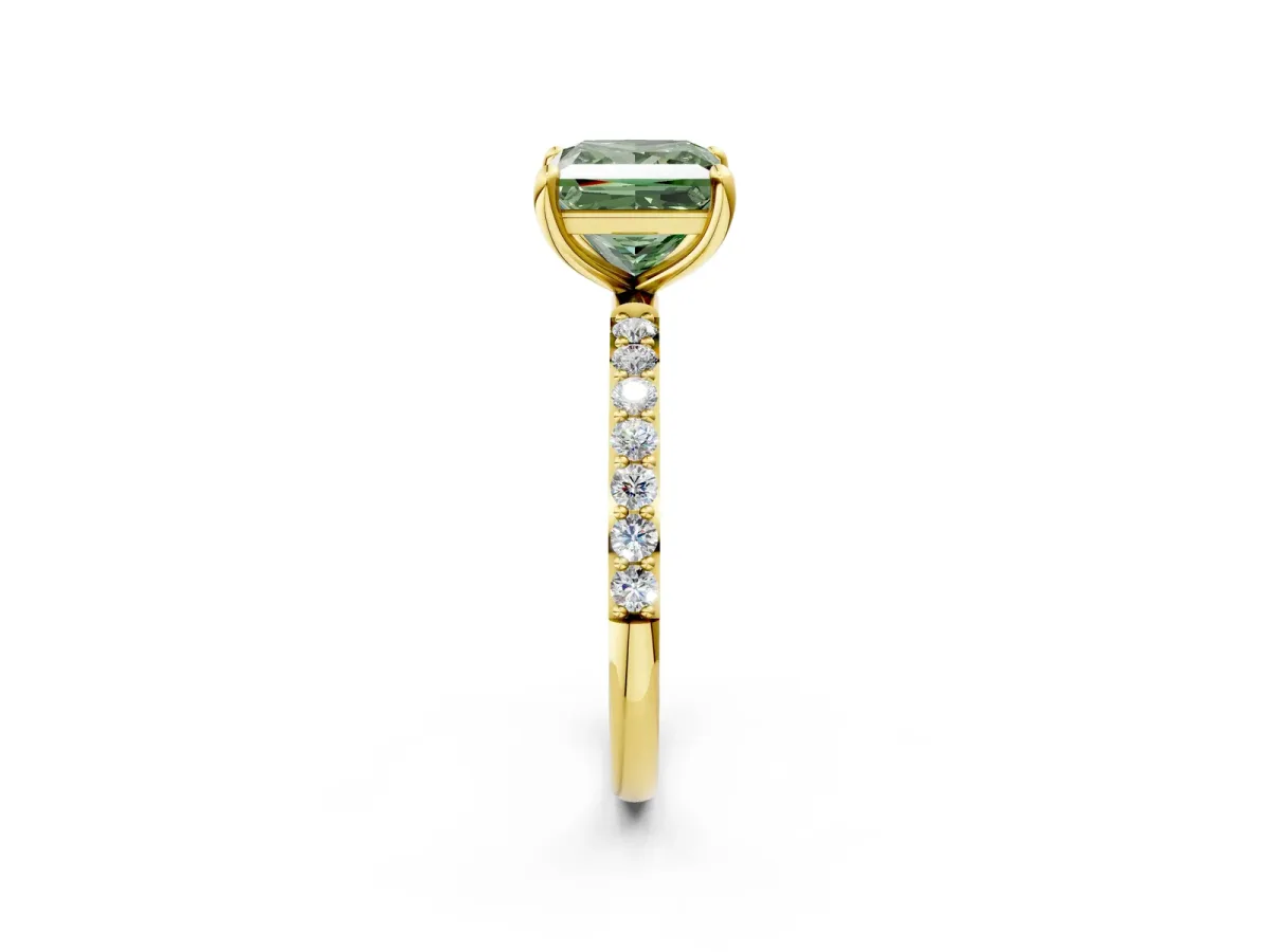Fancy Green Princess Cut Diamond Solitaire Ring with Round Pavé Band and Prong Setting Yellow gold
