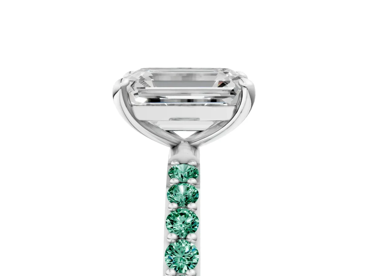 Emerald Cut Diamond Solitaire Ring with Round Green Sapphire Pavé Band and Prong Setting Silver