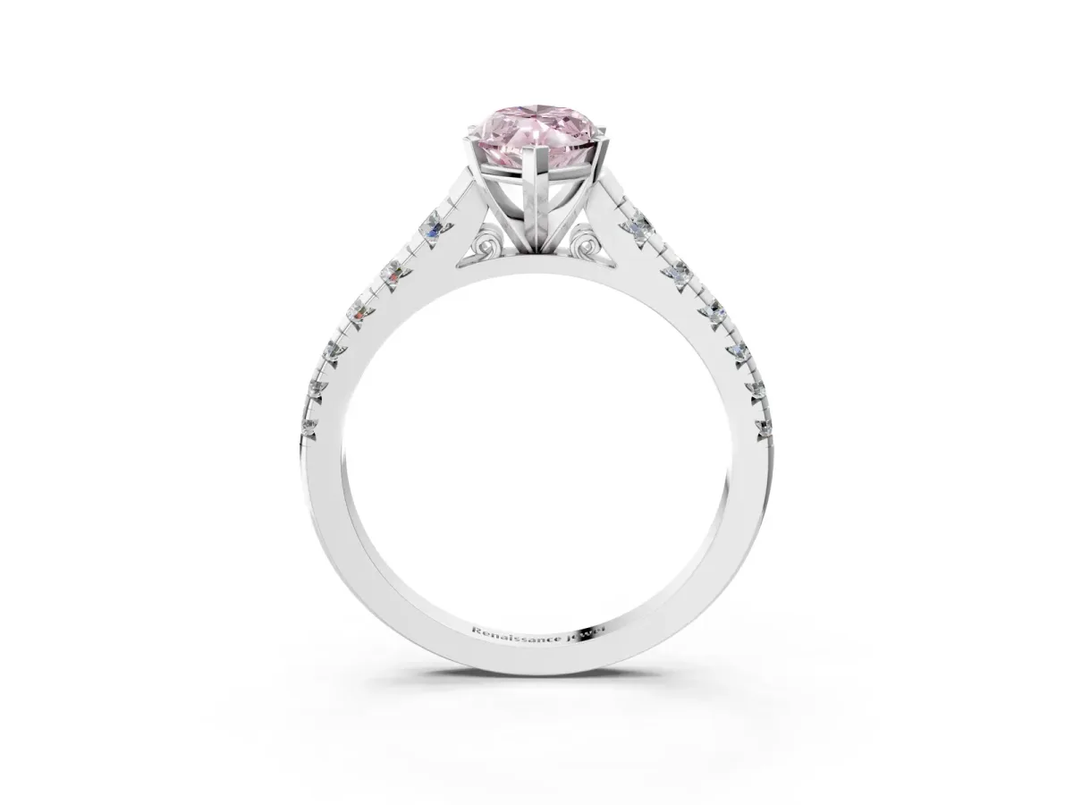 Fancy Pink Marquise Cut Diamond Cathedral Solitaire Ring with Round Pavé Band Platinum