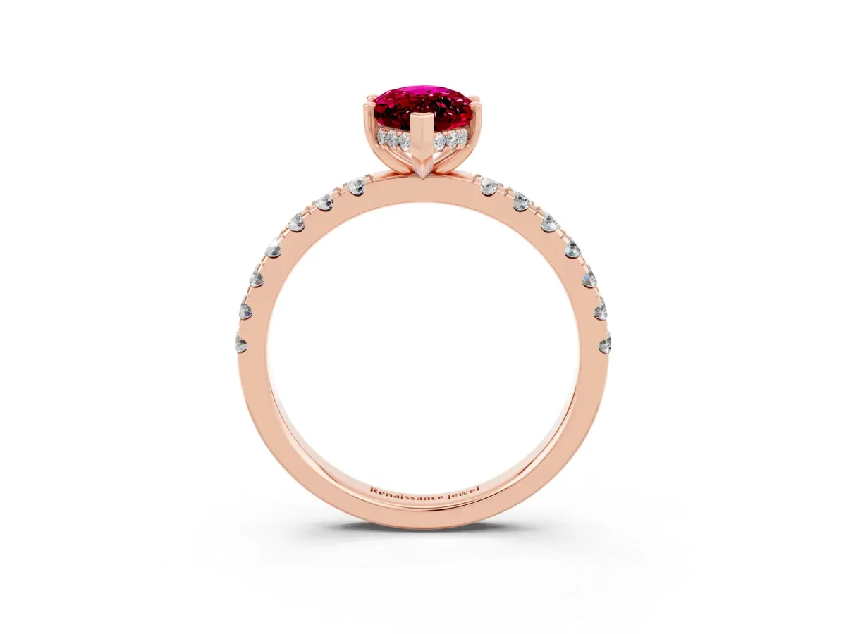 Marquise Cut Garnet Pave Band Solitaire Ring with Round and Prong Setting Rose gold