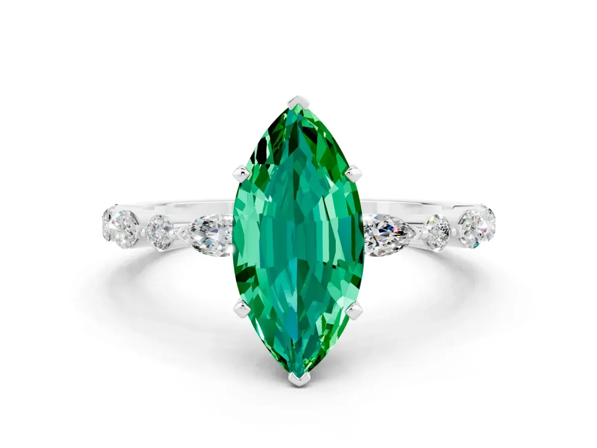 Marquise Cut Emerald Ring with Marquise and Round Side Stones and Four-Prong Setting Platinum