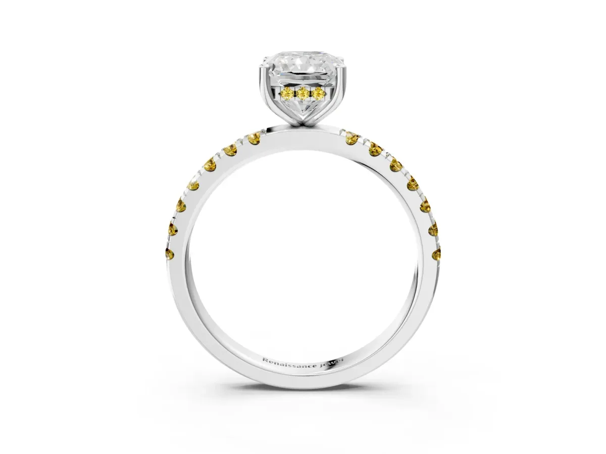 Radiant Cut Diamond Pave Band Solitaire Ring with Round Yellow Sapphire and Prong Setting Platinum