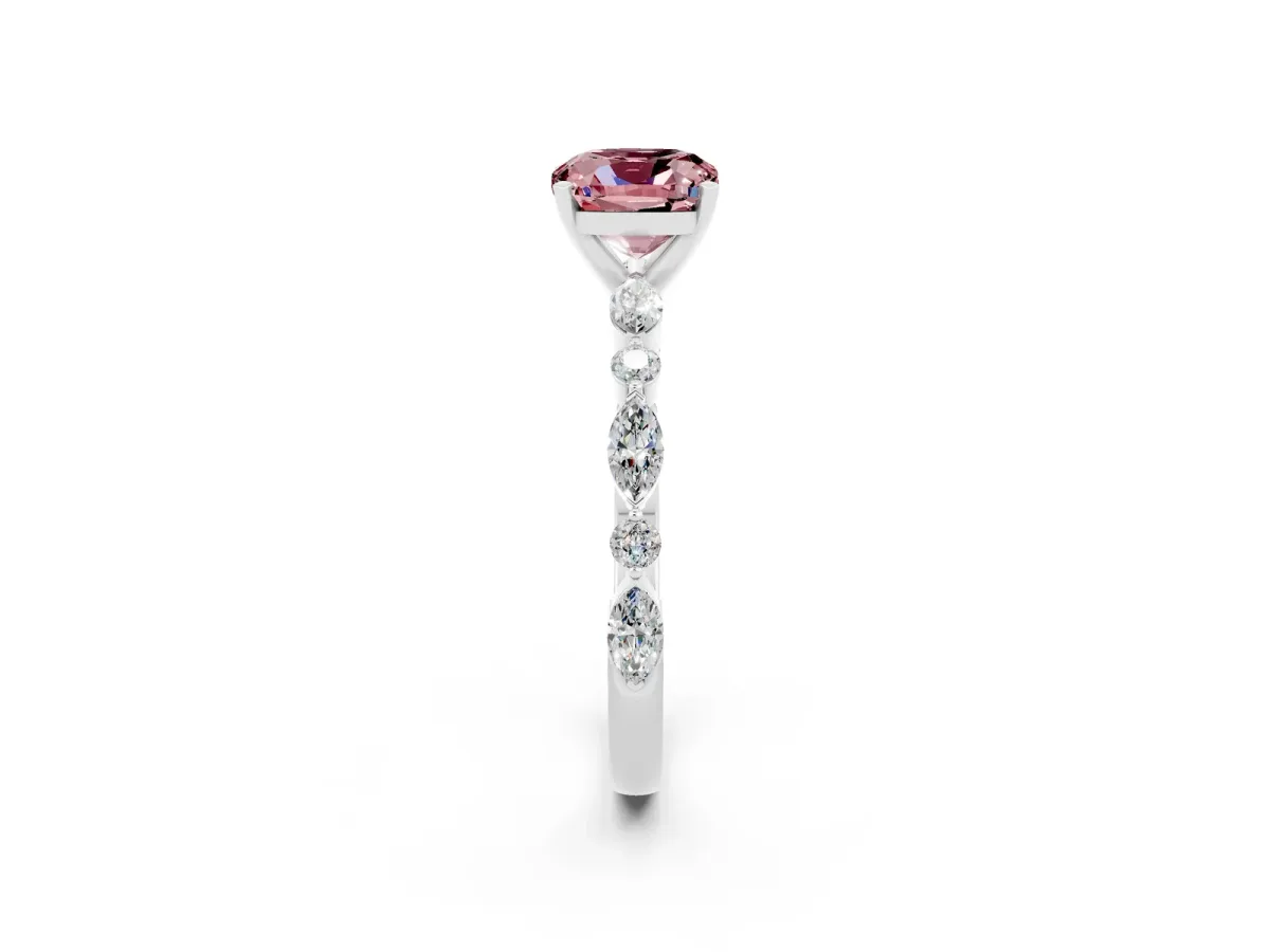 Cushion Cut Morganite Ring with Marquise and Round Side Stones and Four-Prong Setting Platinum