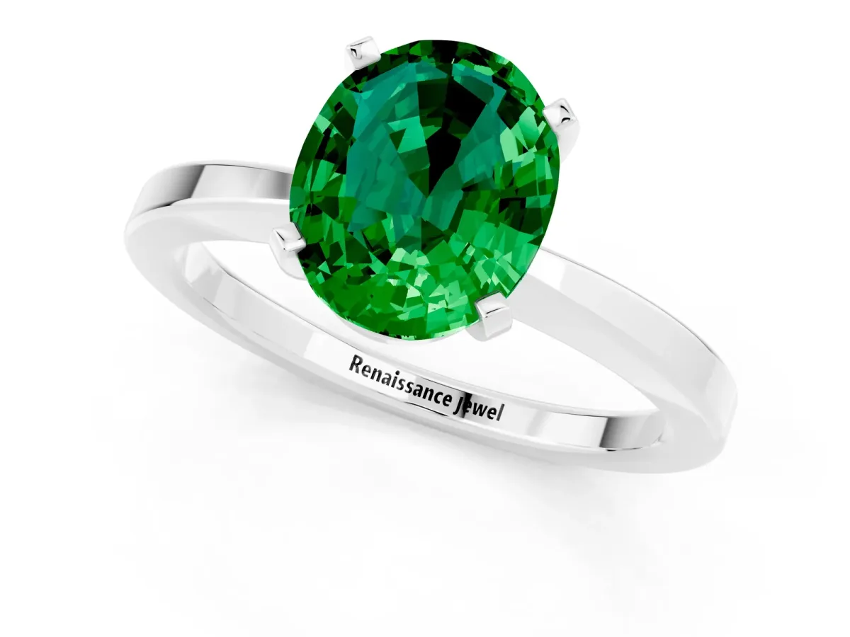 Oval Cut Emerald Solitaire Engagement Ring with Classic Band and Four-Prong Setting Platinum