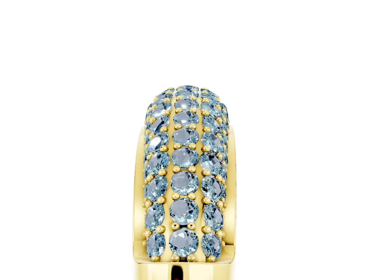 Three-Row Pavé Round Aquamarine Dome Band Yellow gold