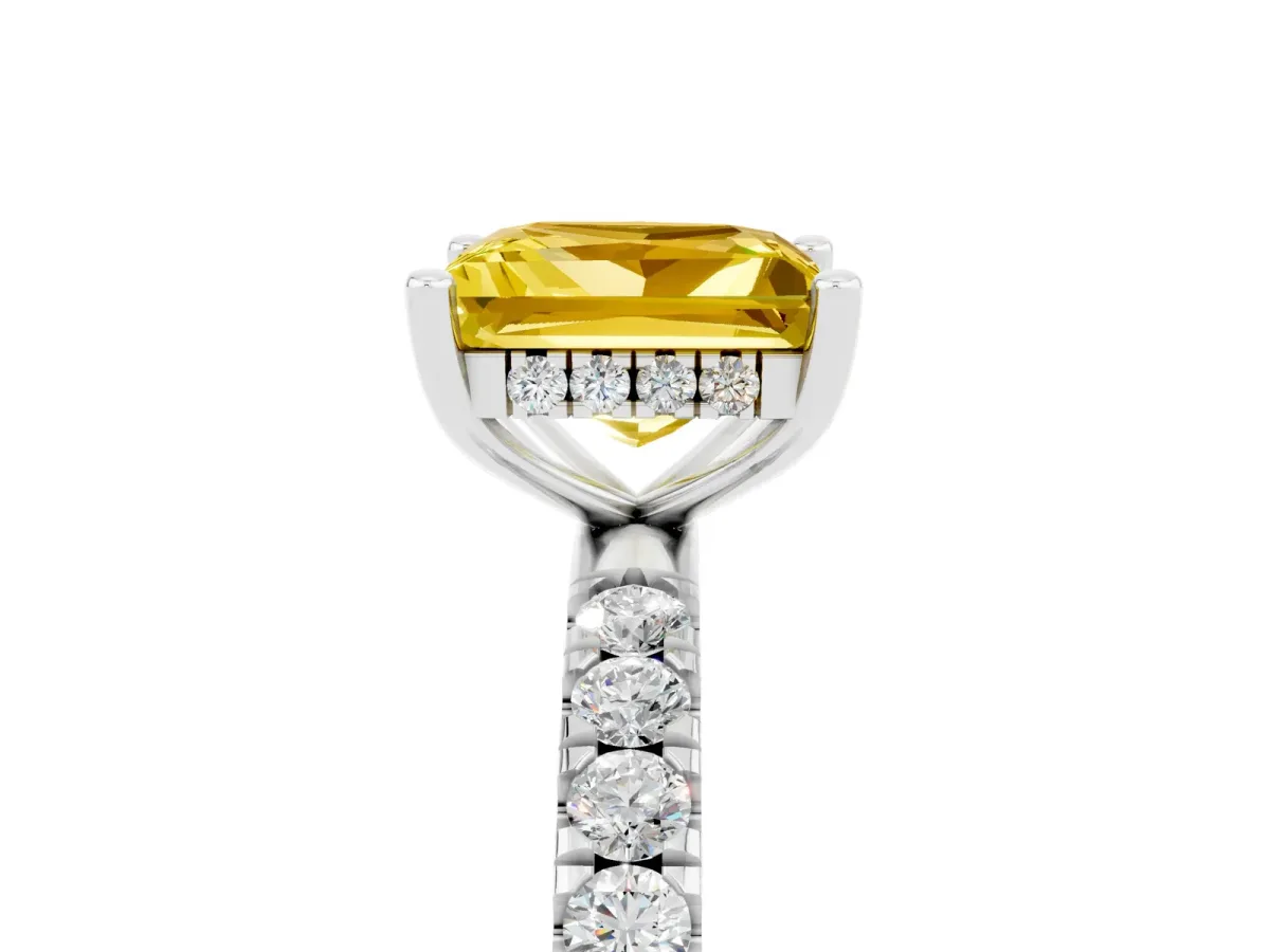 Princess Cut Yellow Sapphire Pave Band Solitaire Ring with Round and Prong Setting Platinum