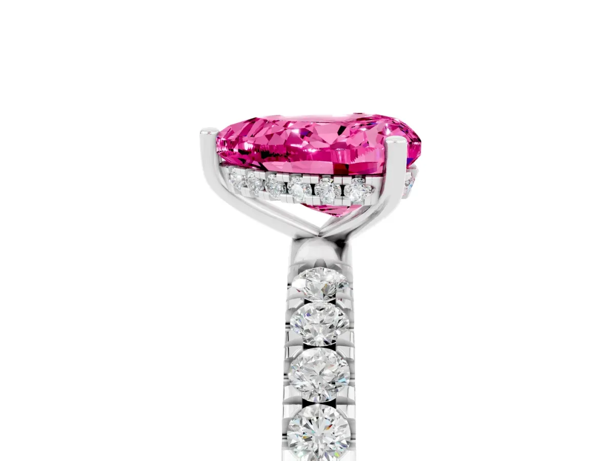 Heart Cut Pink Sapphire Pave Band Solitaire Ring with Round and Prong Setting Silver