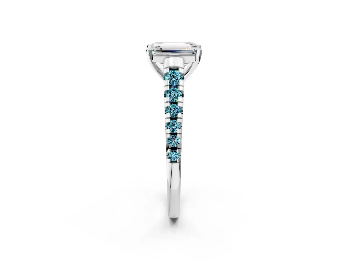 Emerald Cut Diamond Cathedral Solitaire Ring with Round Blue Topaz Pavé Band White gold